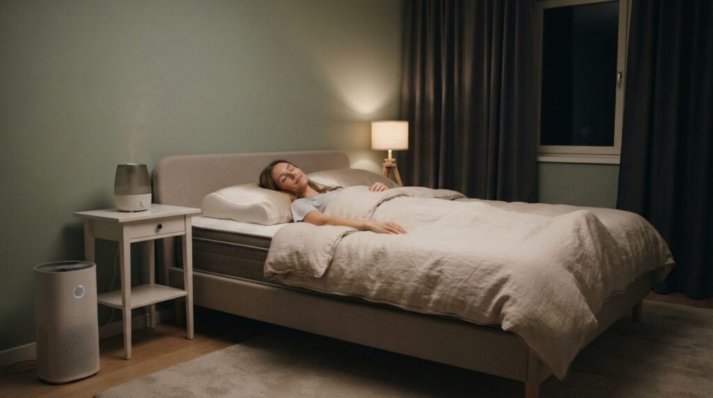 Photorealistic 16:9 bedroom interior stock photo, modern Sca