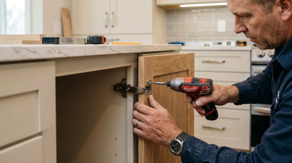 Close-up of skilled carpenters hands using precision tools 