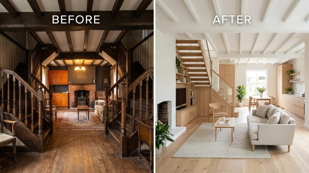 Before and after split-screen style image: left side shows d