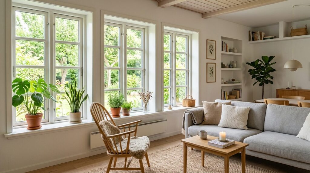 Photorealistic interior view of a cozy Danish living room wi