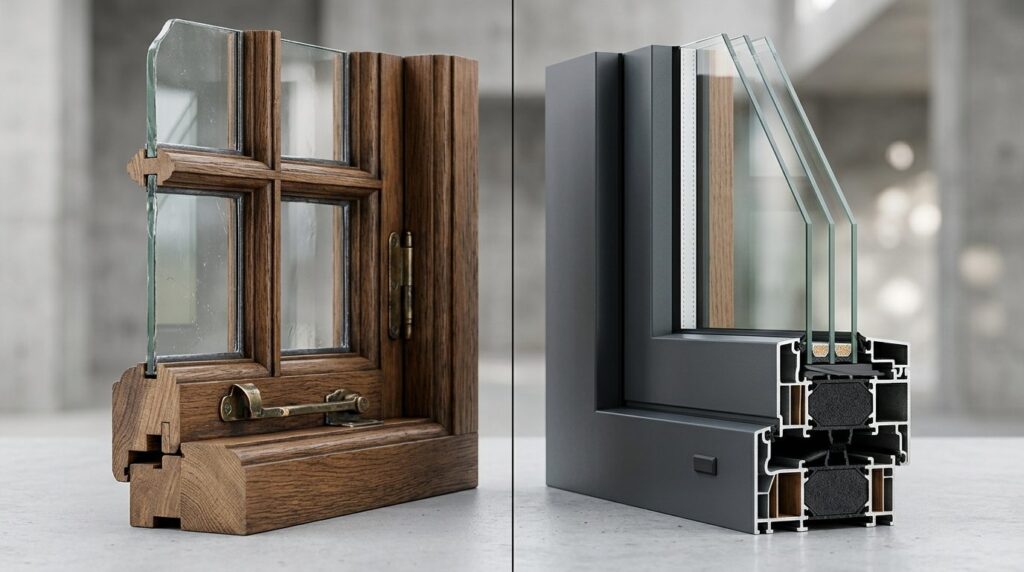 Photorealistic split-view detail shot comparing traditional