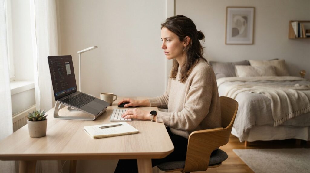 Close-up realistic photo of a woman working at a desk positi