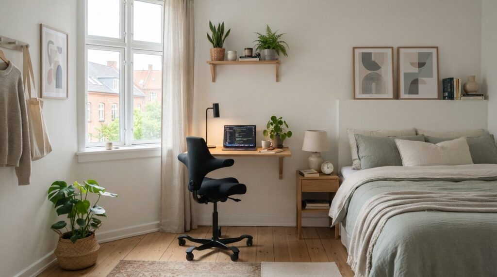 Bright realistic interior photograph of a small Copenhagen a
