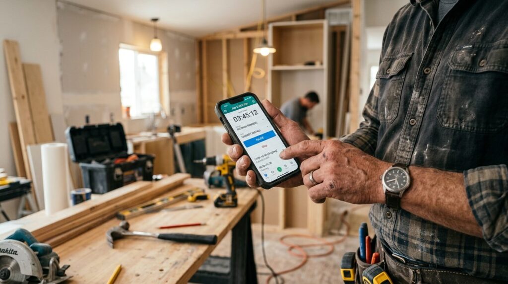Close-up of a skilled craftsmans hands holding a smartphone
