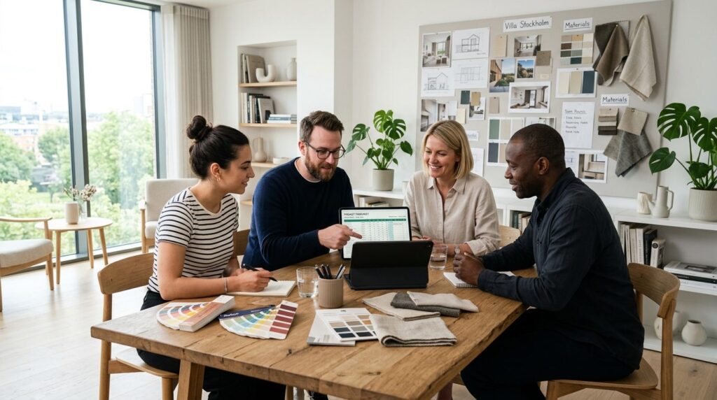 Team of interior professionals collaborating in a bright stu
