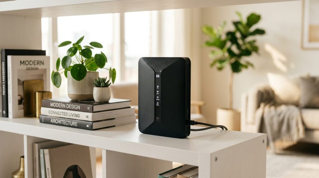 Close-up professional stock photo of a sleek modern 5G home