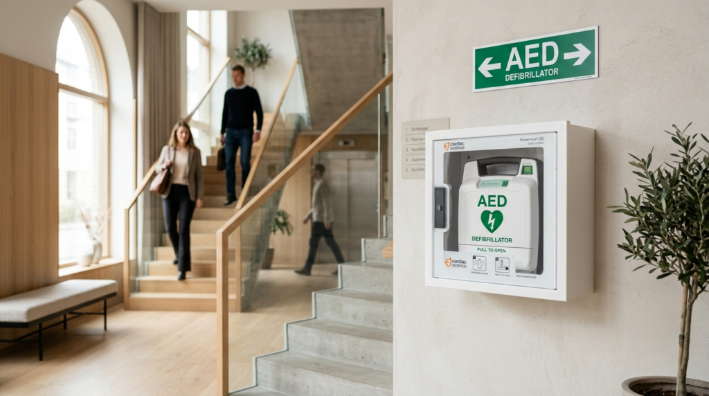 Close-up detailed shot of a residential AED defibrillator un
