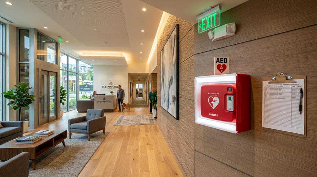 Wide angle photograph of a residential building common area