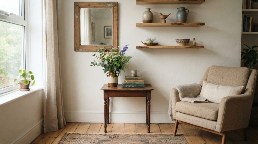 Styled interior photography of a cozy living room corner fea