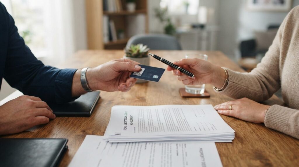 Close-up of hands exchanging identification documents and pe