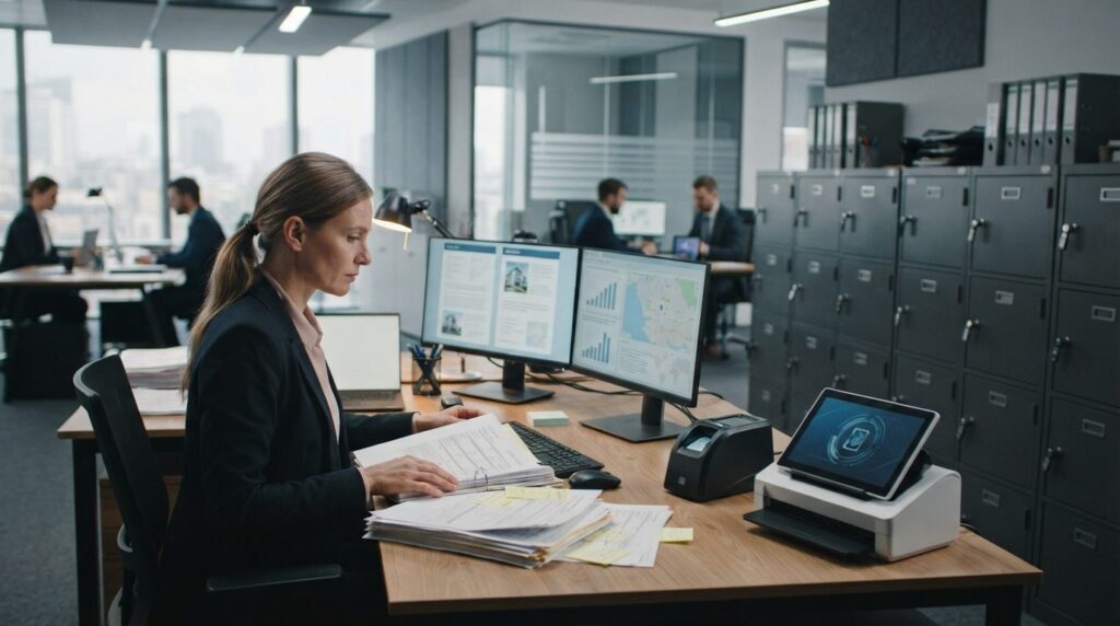 Secure modern office environment with filing cabinets, real 