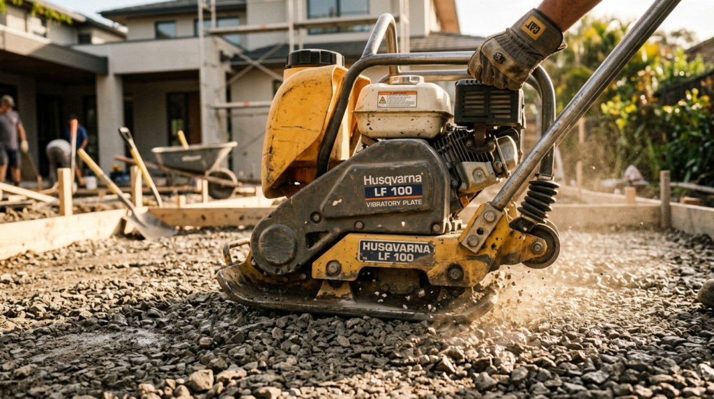 Close-up detail shot of a vibrating plate compactor compacti