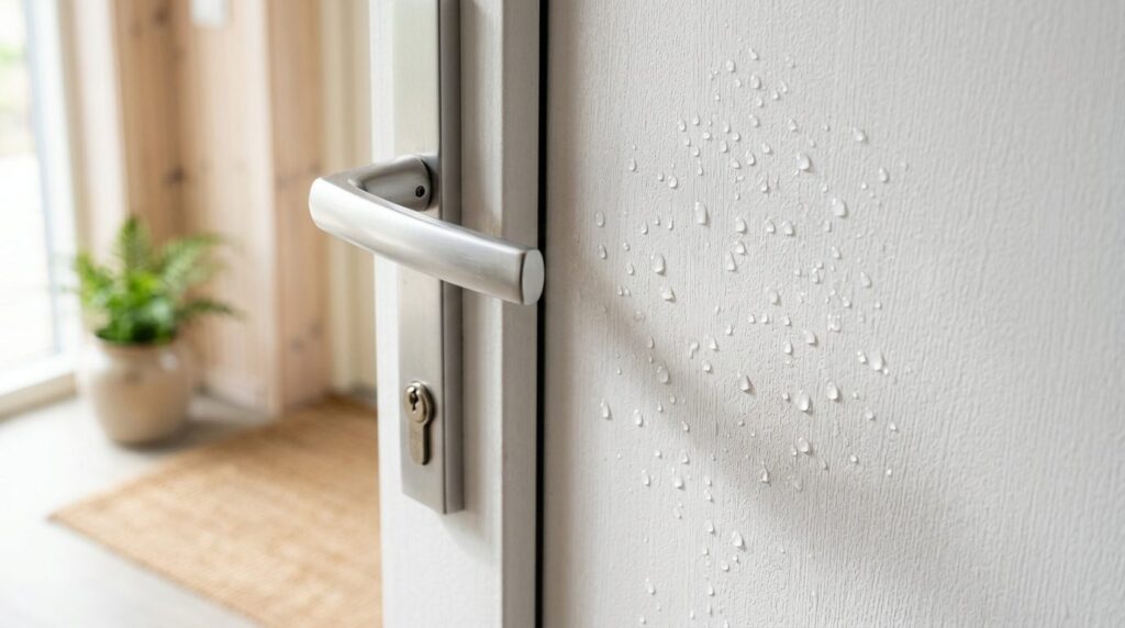 Close-up detail shot of a white PVC plastic door surface sho