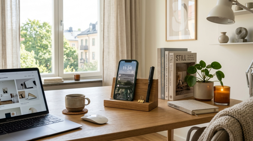 Modern home office workspace featuring a protected iPhone di
