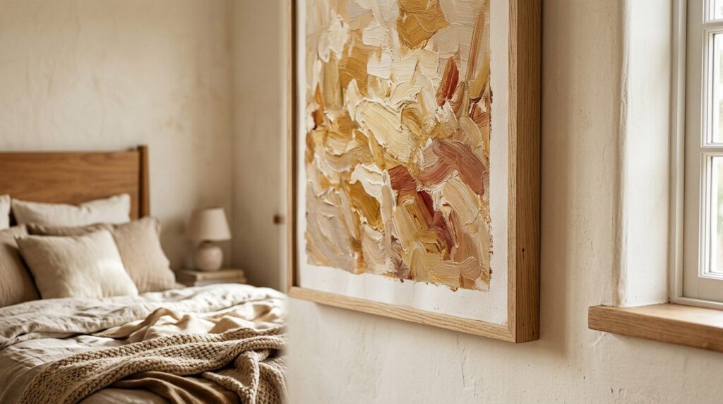Close-up detail of an impressionist art print on a bedroom w