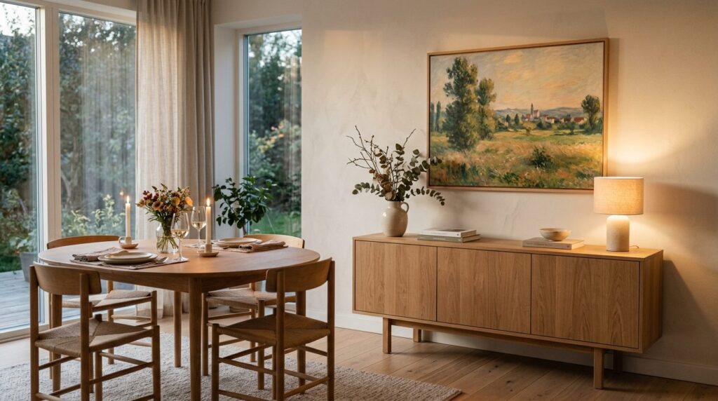 Scandinavian dining room with warm ambient evening lighting,