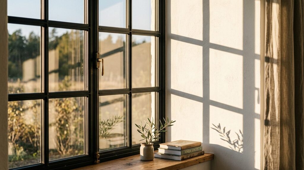Close-up detail of an elegant black-framed industrial window