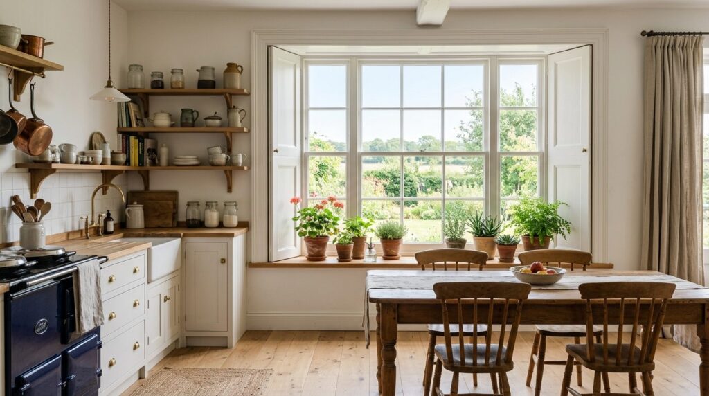 Bright Scandinavian kitchen with large picture window as foc