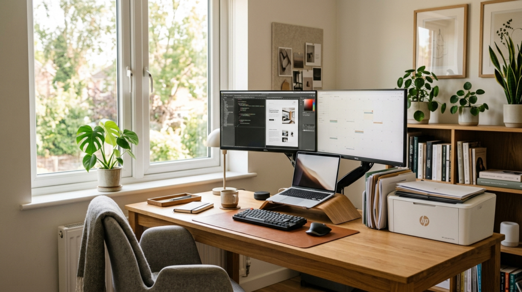Modern home office desk with dual monitors, laptop, and comp
