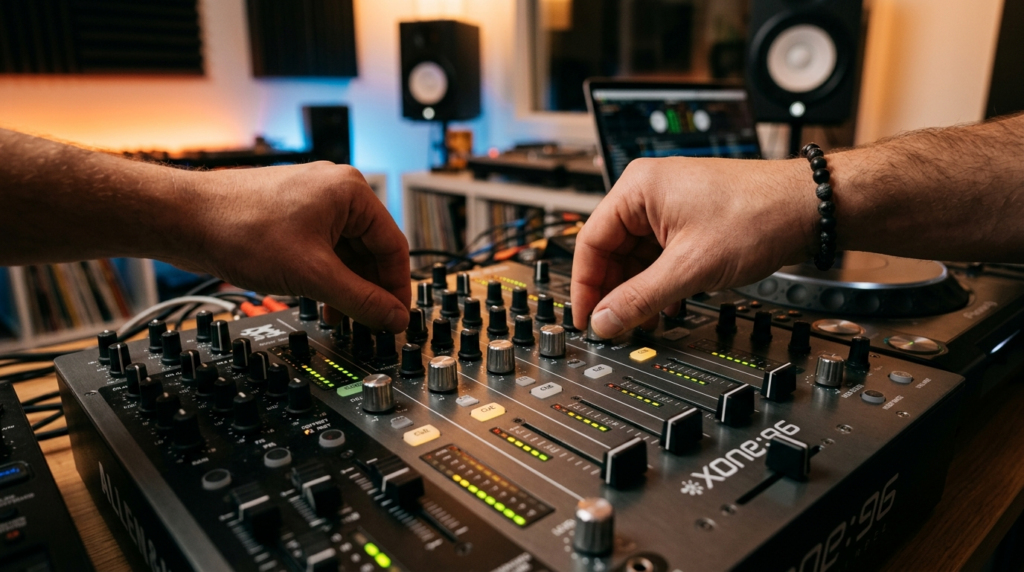 Close-up detail shot of a professional DJ mixer control pane