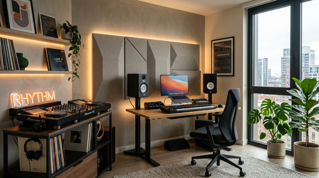 Modern home music production room in a residential apartment