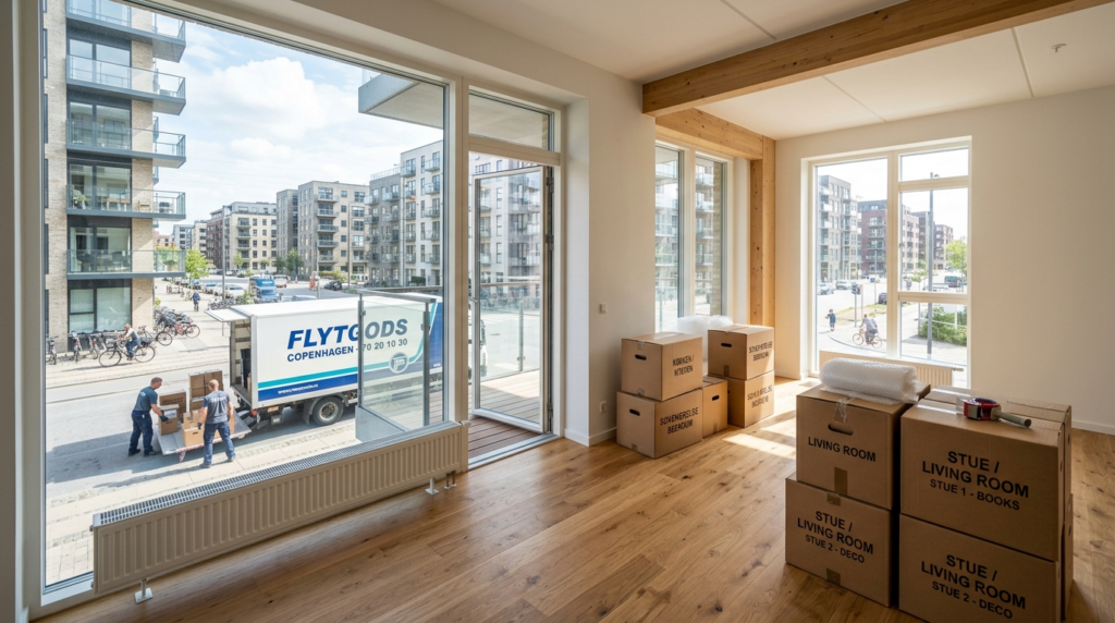 Modern Copenhagen apartment interior during moving transitio