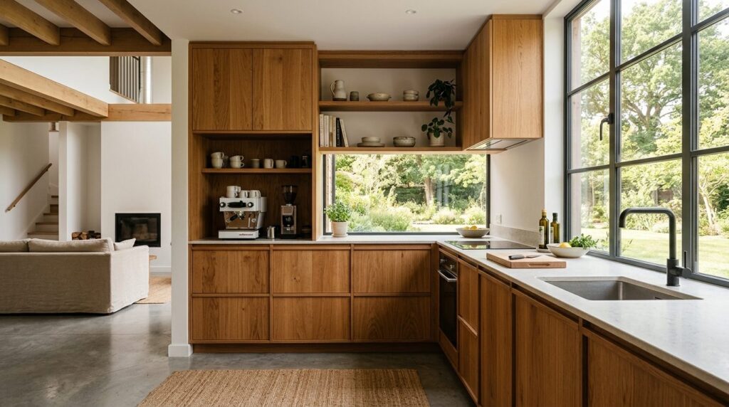 Modern minimalist kitchen workspace with custom-built wooden