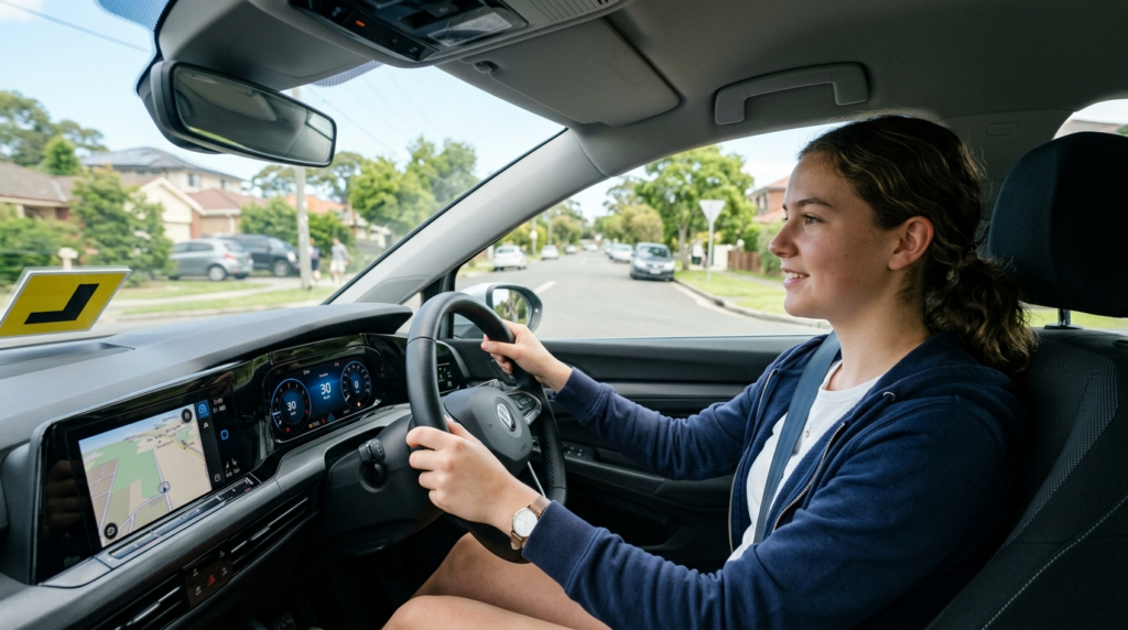 Photorealistic image of a young student sitting in a car dur