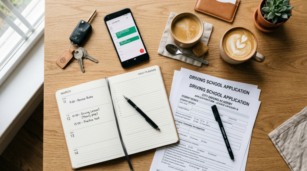 Photorealistic flat lay composition of daily planner, drivin