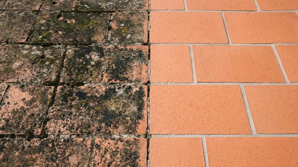 Close-up comparison of terrace tile surfaces: one half showi