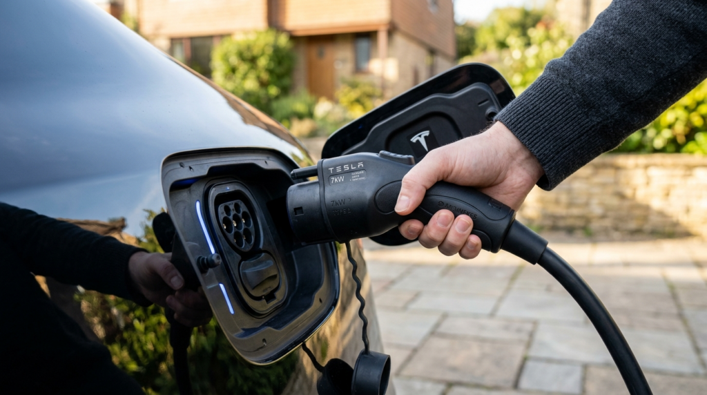 Close-up photorealistic stock image of a Type 2 charging con