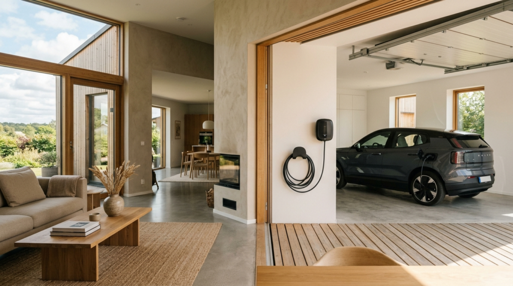 Modern minimalist home interior with electric vehicle visibl